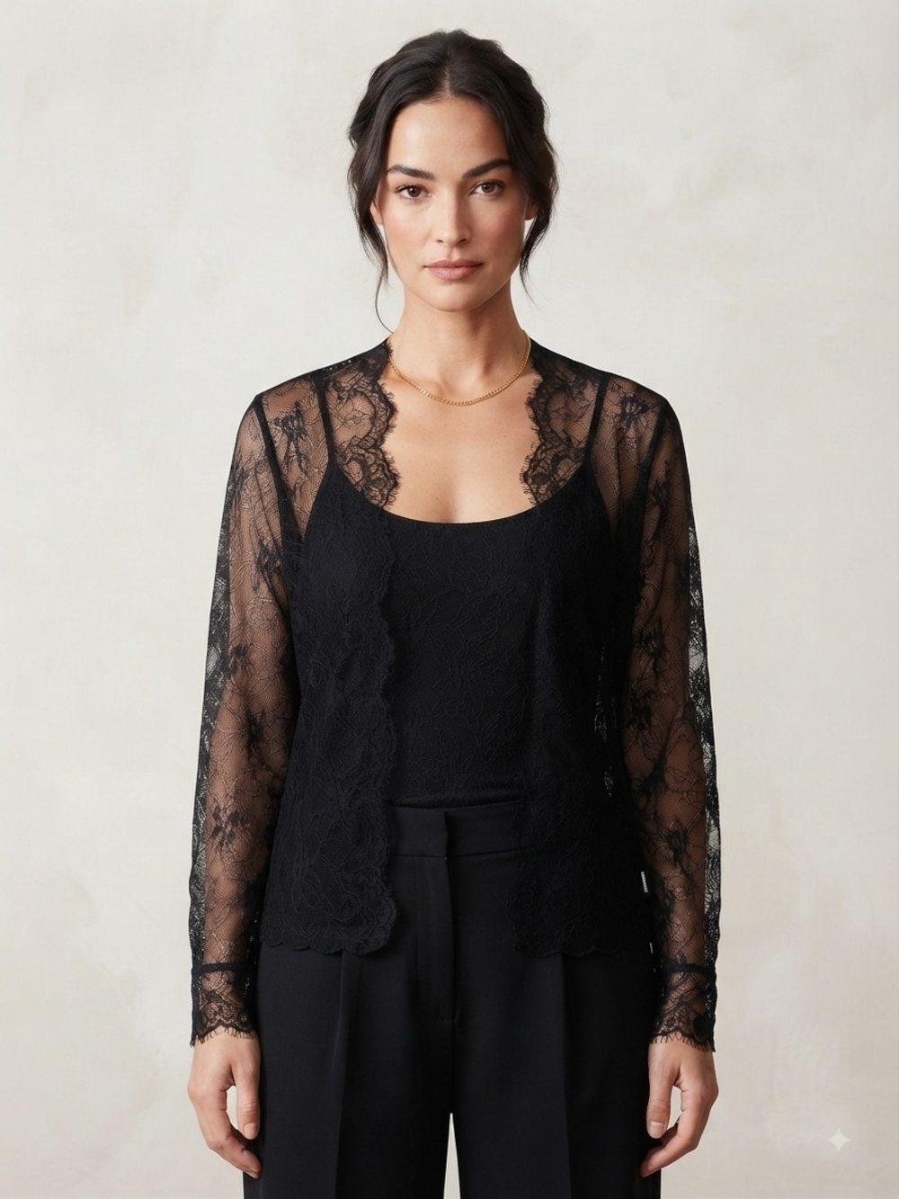 Sheer Lace Overlay Cardigan - Black